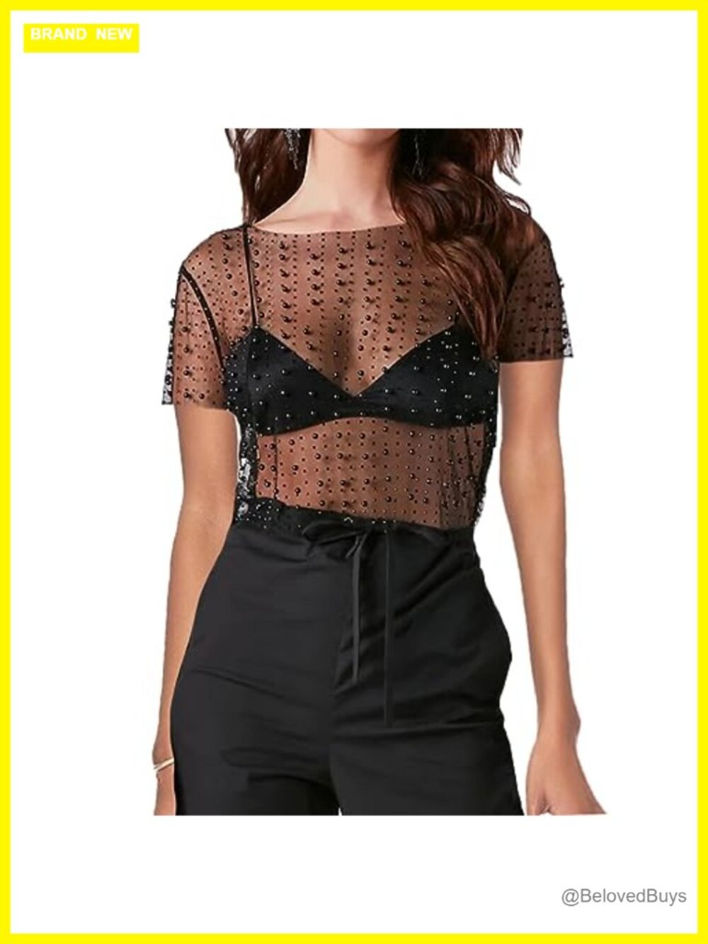 Pearl Rhinestone Sheer Mesh Crop Tee Short Sleeve Slim Fit Party Top